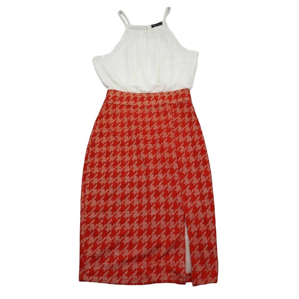 KIMCINE Dress Womens S White Red Sleeveless Square Neck Houndstooth Knee Length